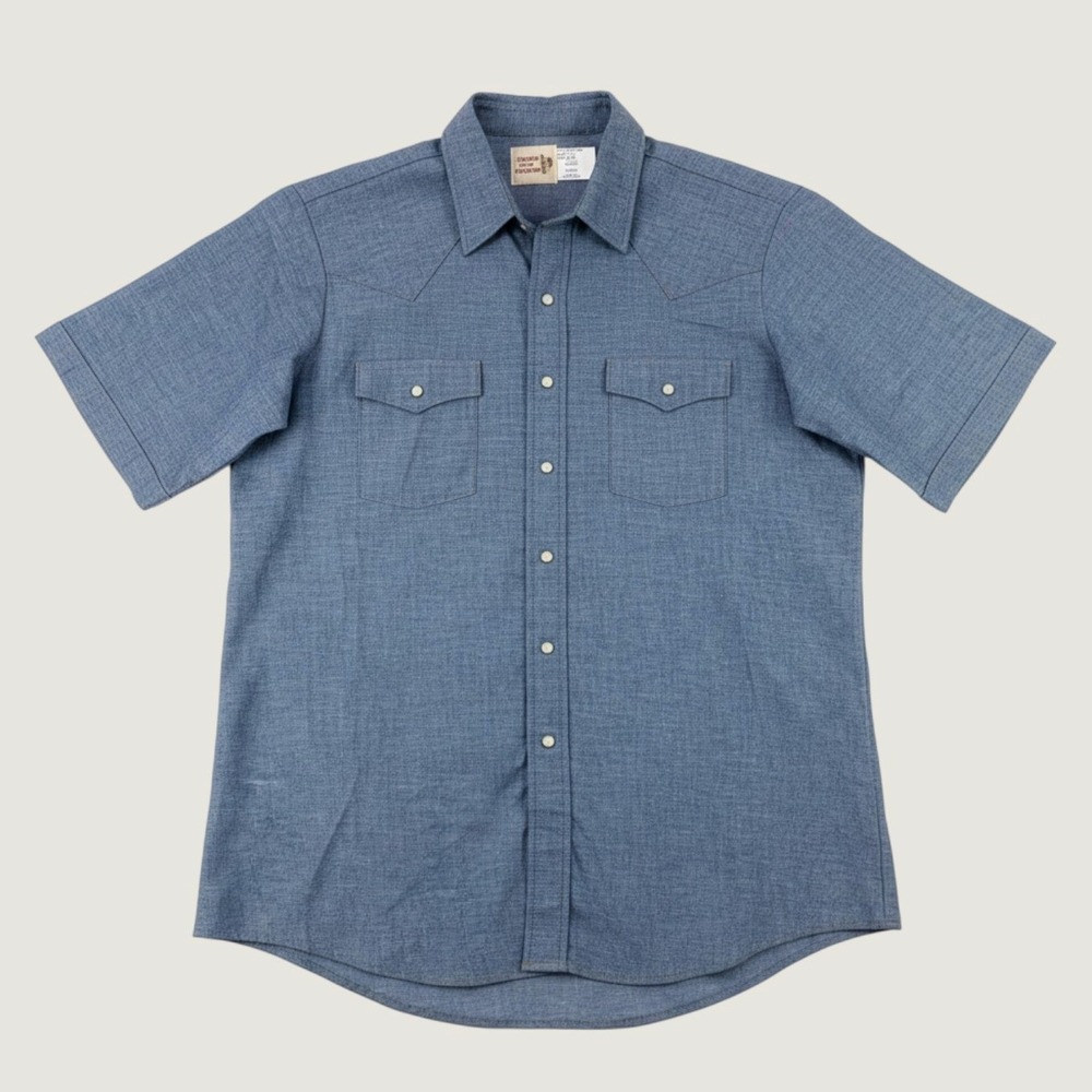 Vintage Saddle King Western Pearl Snap Shirt Mens 17 Blue Chambray Short Sleeve